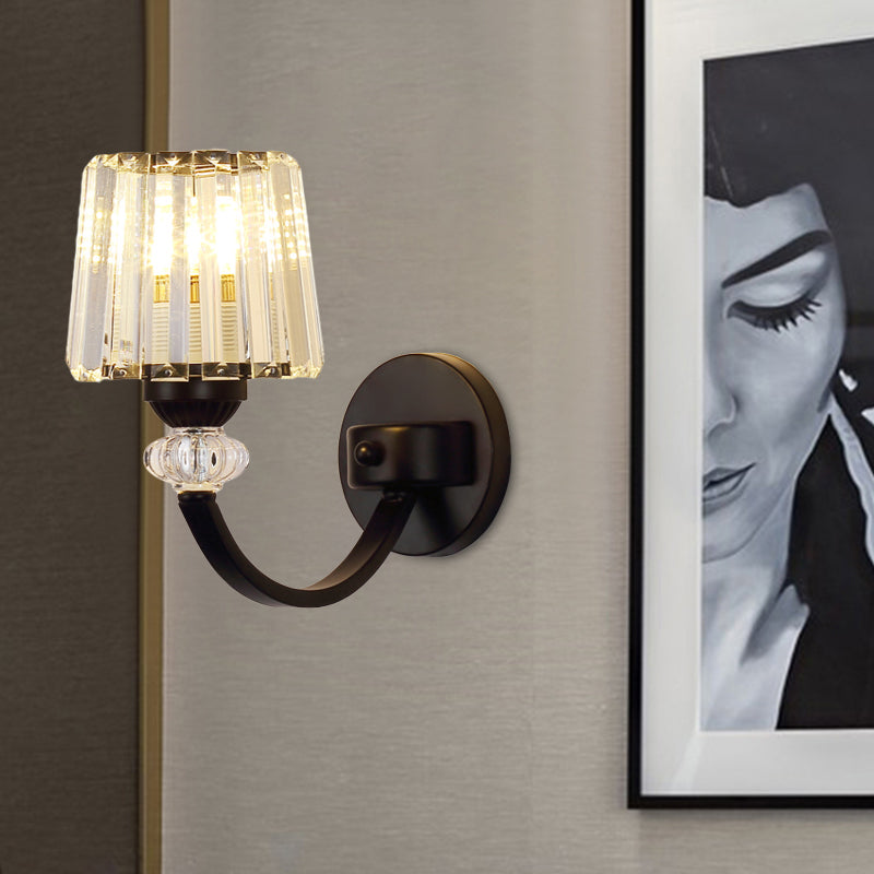 Clear Crystal Barrel Wall Lamp Modernist 1/2-Light Wall Mounted Lighting with Curved Arm in Black/Gold 1.0 Black Clearhalo 'Modern wall lights' 'Modern' 'Wall Lamps & Sconces' 'Wall Lights' Lighting' 1713032