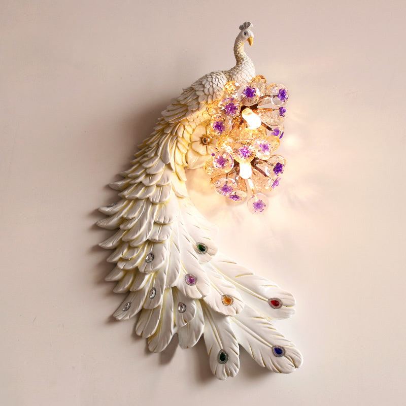 Peacock Bedroom Wall Mounted Lamp Rural Resin 2 Lights White/Green/Gold Wall Lighting Idea with Floral Crystal Ball Decor, Left/Right Clearhalo 'Wall Lamps & Sconces' 'Wall Lights' Lighting' 1713066