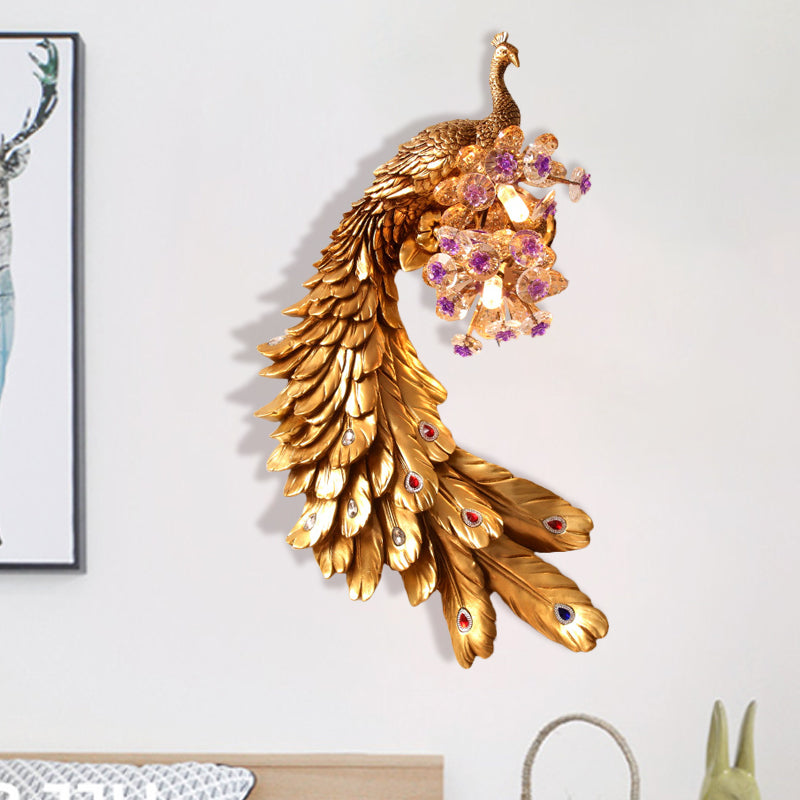 Peacock Bedroom Wall Mounted Lamp Rural Resin 2 Lights White/Green/Gold Wall Lighting Idea with Floral Crystal Ball Decor, Left/Right Gold Left Clearhalo 'Wall Lamps & Sconces' 'Wall Lights' Lighting' 1713067