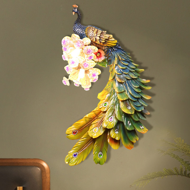 Peacock Bedroom Wall Mounted Lamp Rural Resin 2 Lights White/Green/Gold Wall Lighting Idea with Floral Crystal Ball Decor, Left/Right Green Right Clearhalo 'Wall Lamps & Sconces' 'Wall Lights' Lighting' 1713071