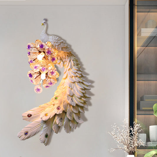 Peacock Bedroom Wall Mounted Lamp Rural Resin 2 Lights White/Green/Gold Wall Lighting Idea with Floral Crystal Ball Decor, Left/Right Clearhalo 'Wall Lamps & Sconces' 'Wall Lights' Lighting' 1713077