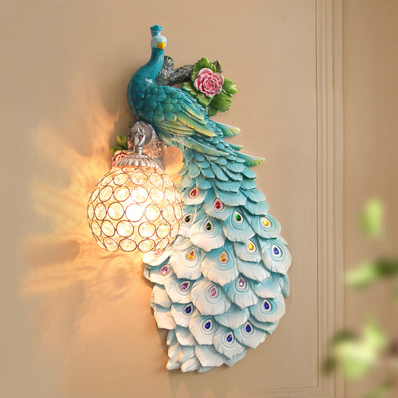 Clear Beveled Crystal Ball Sconce Rustic Single Bulb Hallway Wall Mounted Light with Peacock and Rose Decor in White/Blue/Green, Left/Right Blue Right Clearhalo 'Wall Lamps & Sconces' 'Wall Lights' Lighting' 1713109