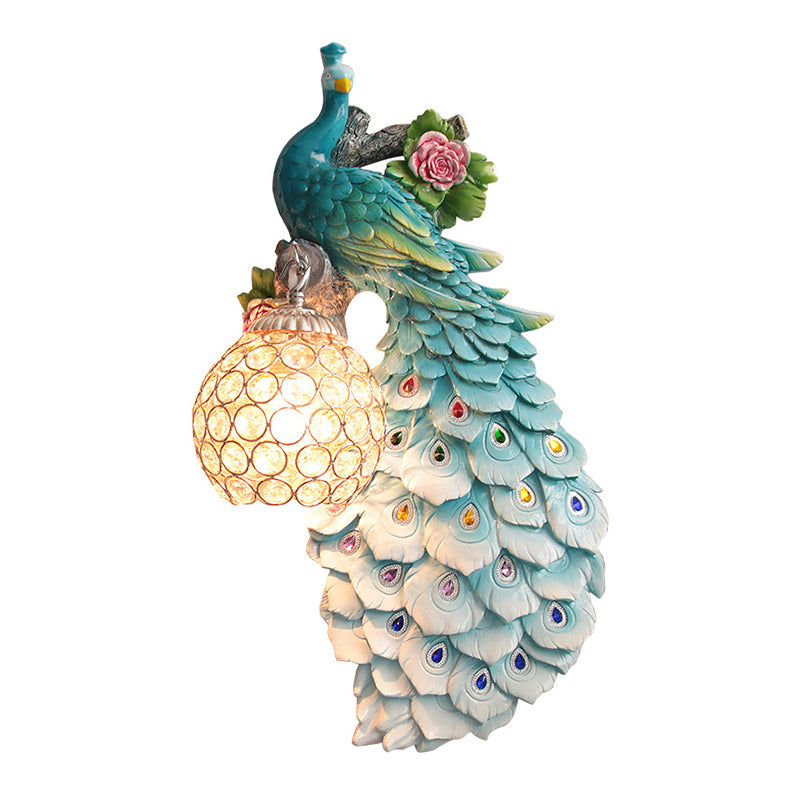 Clear Beveled Crystal Ball Sconce Rustic Single Bulb Hallway Wall Mounted Light with Peacock and Rose Decor in White/Blue/Green, Left/Right Clearhalo 'Wall Lamps & Sconces' 'Wall Lights' Lighting' 1713111