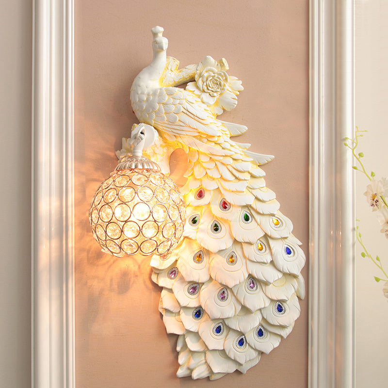 Clear Beveled Crystal Ball Sconce Rustic Single Bulb Hallway Wall Mounted Light with Peacock and Rose Decor in White/Blue/Green, Left/Right White Right Clearhalo 'Wall Lamps & Sconces' 'Wall Lights' Lighting' 1713113