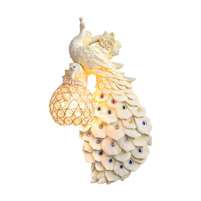 Clear Beveled Crystal Ball Sconce Rustic Single Bulb Hallway Wall Mounted Light with Peacock and Rose Decor in White/Blue/Green, Left/Right Clearhalo 'Wall Lamps & Sconces' 'Wall Lights' Lighting' 1713116