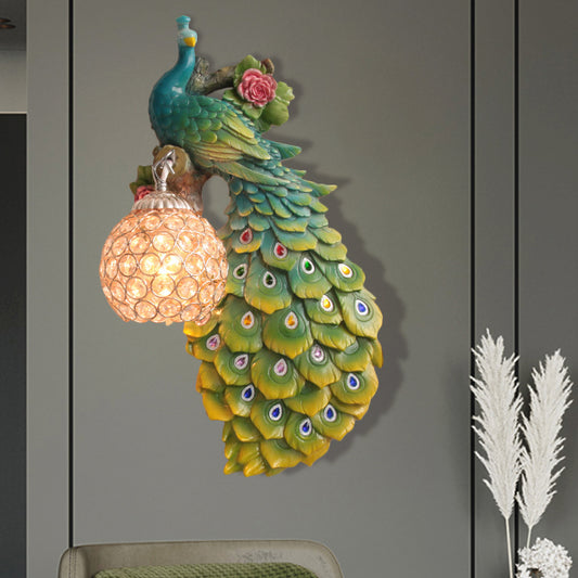 Clear Beveled Crystal Ball Sconce Rustic Single Bulb Hallway Wall Mounted Light with Peacock and Rose Decor in White/Blue/Green, Left/Right Clearhalo 'Wall Lamps & Sconces' 'Wall Lights' Lighting' 1713118