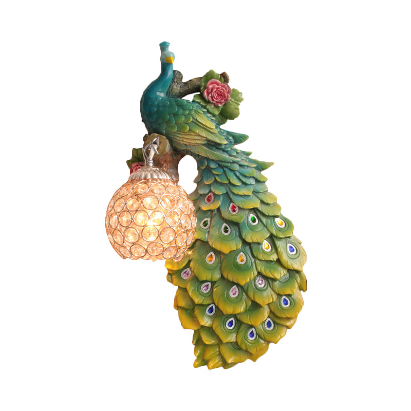 Clear Beveled Crystal Ball Sconce Rustic Single Bulb Hallway Wall Mounted Light with Peacock and Rose Decor in White/Blue/Green, Left/Right Clearhalo 'Wall Lamps & Sconces' 'Wall Lights' Lighting' 1713120