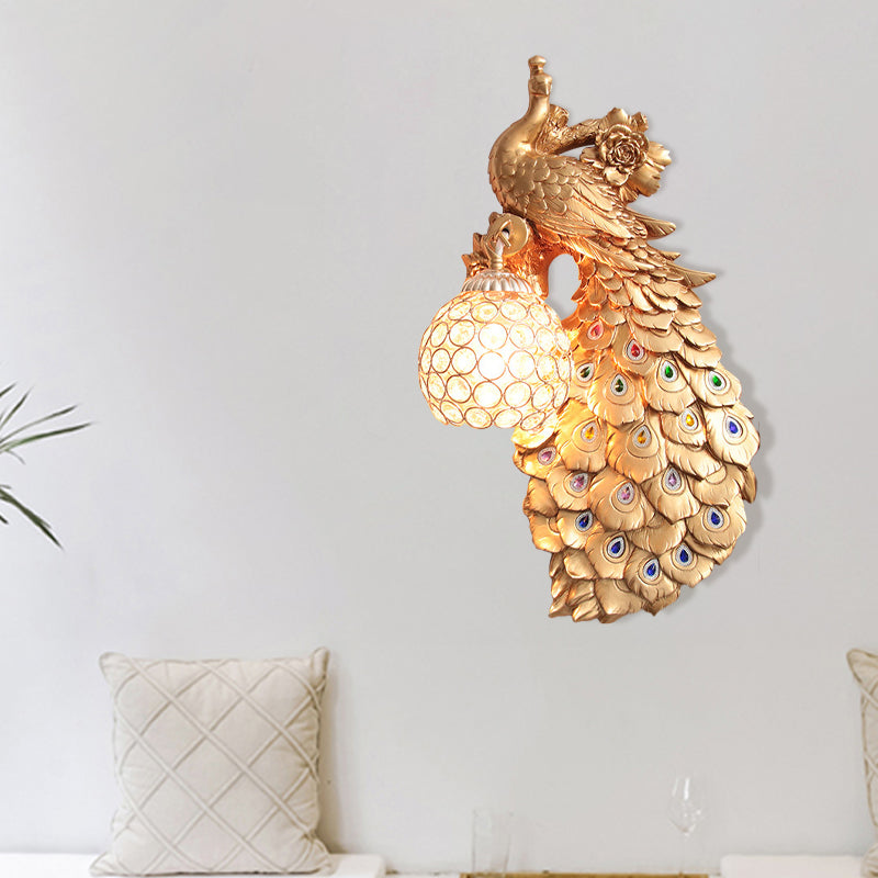 Clear Beveled Crystal Ball Sconce Rustic Single Bulb Hallway Wall Mounted Light with Peacock and Rose Decor in White/Blue/Green, Left/Right Clearhalo 'Wall Lamps & Sconces' 'Wall Lights' Lighting' 1713123