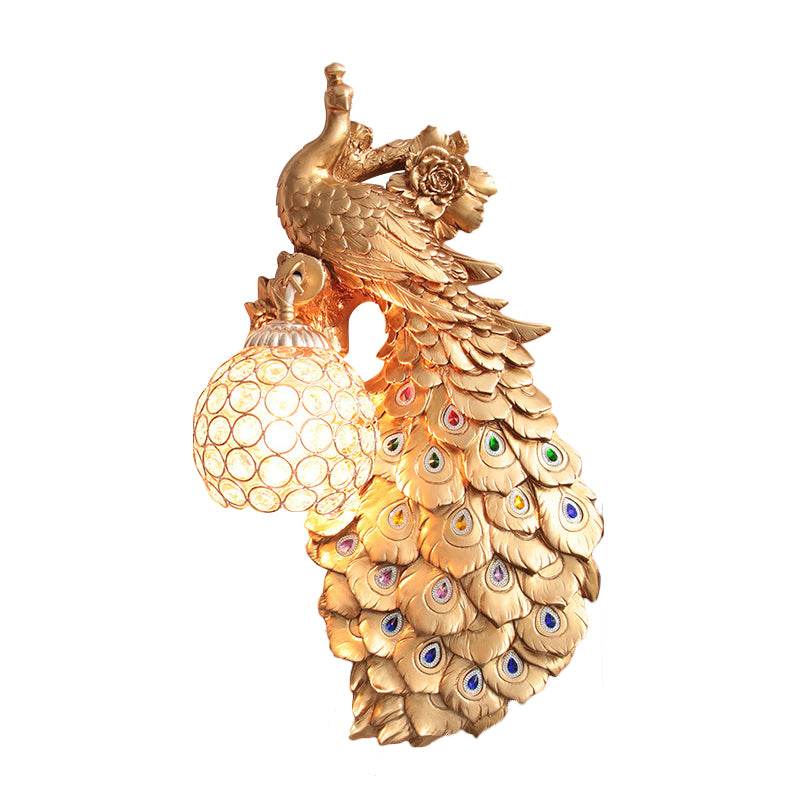 Clear Beveled Crystal Ball Sconce Rustic Single Bulb Hallway Wall Mounted Light with Peacock and Rose Decor in White/Blue/Green, Left/Right Clearhalo 'Wall Lamps & Sconces' 'Wall Lights' Lighting' 1713124