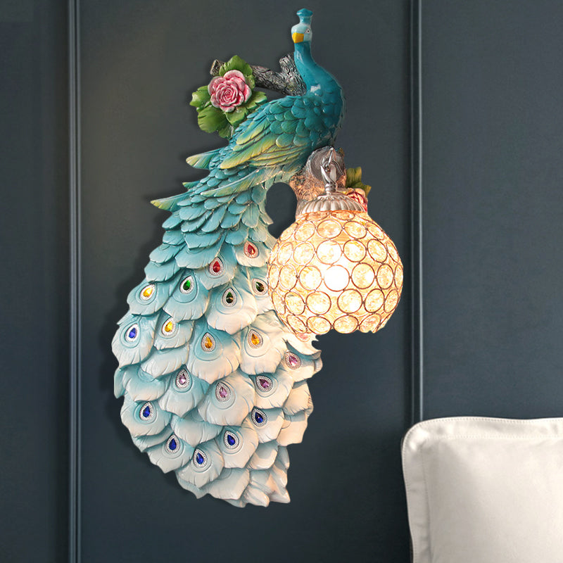 Clear Beveled Crystal Ball Sconce Rustic Single Bulb Hallway Wall Mounted Light with Peacock and Rose Decor in White/Blue/Green, Left/Right Blue Left Clearhalo 'Wall Lamps & Sconces' 'Wall Lights' Lighting' 1713125