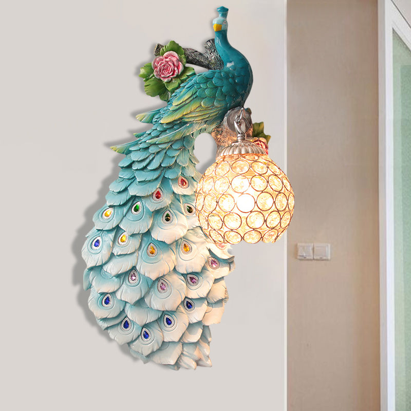 Clear Beveled Crystal Ball Sconce Rustic Single Bulb Hallway Wall Mounted Light with Peacock and Rose Decor in White/Blue/Green, Left/Right Clearhalo 'Wall Lamps & Sconces' 'Wall Lights' Lighting' 1713126