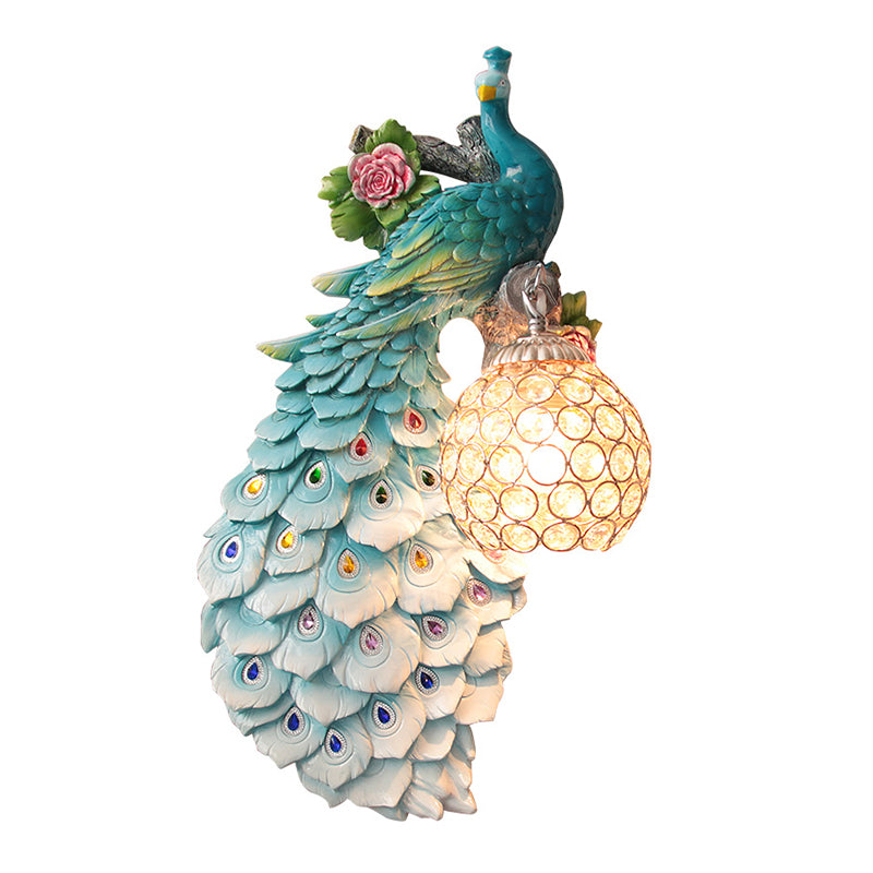 Clear Beveled Crystal Ball Sconce Rustic Single Bulb Hallway Wall Mounted Light with Peacock and Rose Decor in White/Blue/Green, Left/Right Clearhalo 'Wall Lamps & Sconces' 'Wall Lights' Lighting' 1713128