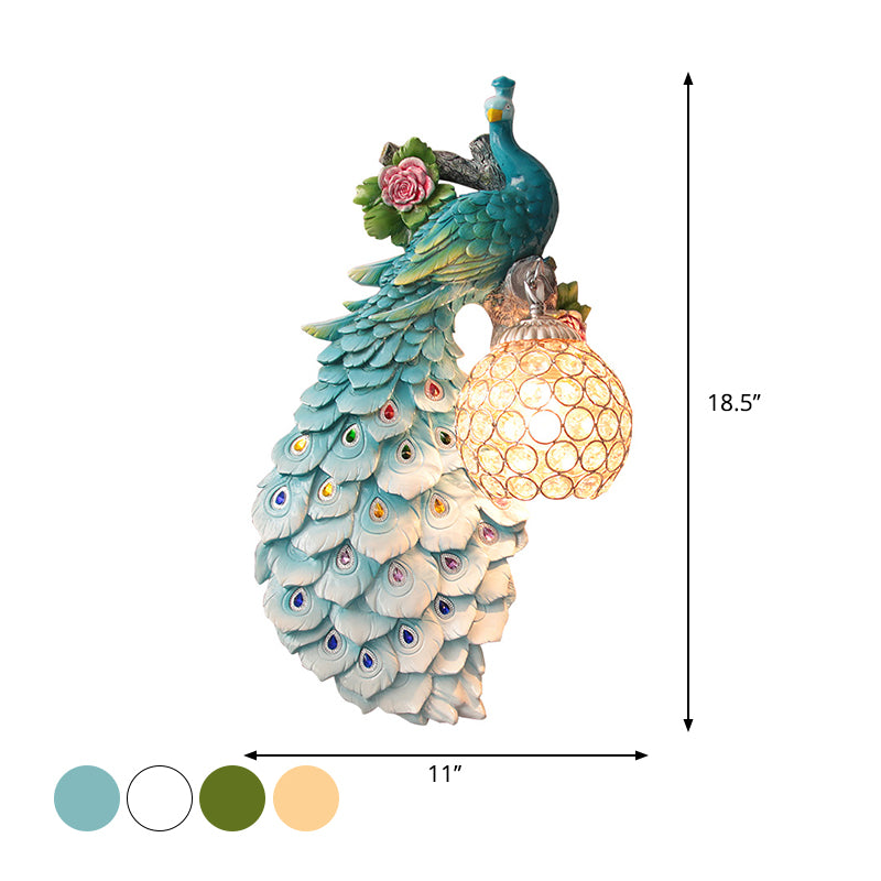 Clear Beveled Crystal Ball Sconce Rustic Single Bulb Hallway Wall Mounted Light with Peacock and Rose Decor in White/Blue/Green, Left/Right Clearhalo 'Wall Lamps & Sconces' 'Wall Lights' Lighting' 1713129