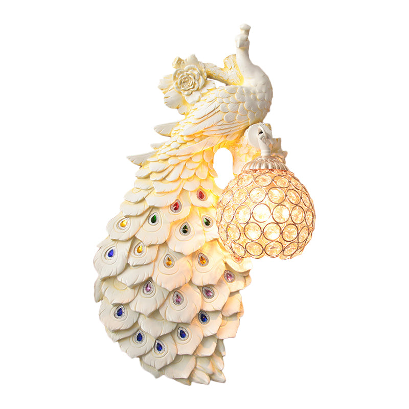 Clear Beveled Crystal Ball Sconce Rustic Single Bulb Hallway Wall Mounted Light with Peacock and Rose Decor in White/Blue/Green, Left/Right Clearhalo 'Wall Lamps & Sconces' 'Wall Lights' Lighting' 1713132