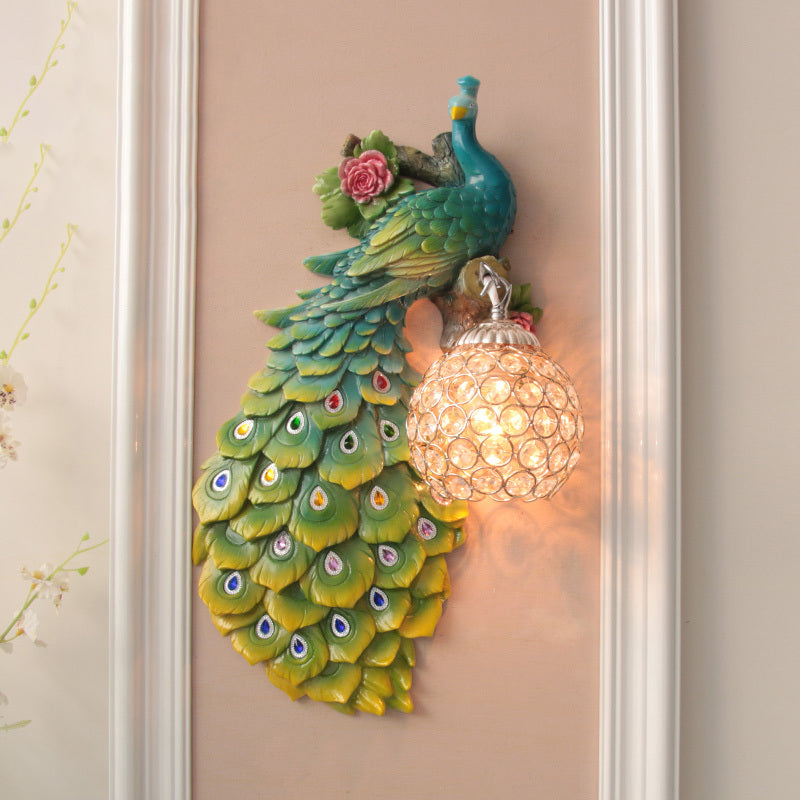 Clear Beveled Crystal Ball Sconce Rustic Single Bulb Hallway Wall Mounted Light with Peacock and Rose Decor in White/Blue/Green, Left/Right Clearhalo 'Wall Lamps & Sconces' 'Wall Lights' Lighting' 1713136