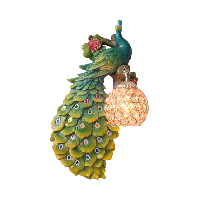 Clear Beveled Crystal Ball Sconce Rustic Single Bulb Hallway Wall Mounted Light with Peacock and Rose Decor in White/Blue/Green, Left/Right Clearhalo 'Wall Lamps & Sconces' 'Wall Lights' Lighting' 1713137