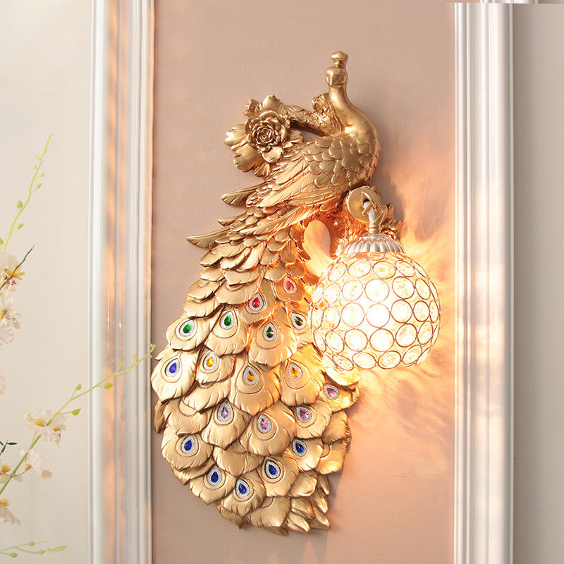 Clear Beveled Crystal Ball Sconce Rustic Single Bulb Hallway Wall Mounted Light with Peacock and Rose Decor in White/Blue/Green, Left/Right Clearhalo 'Wall Lamps & Sconces' 'Wall Lights' Lighting' 1713139