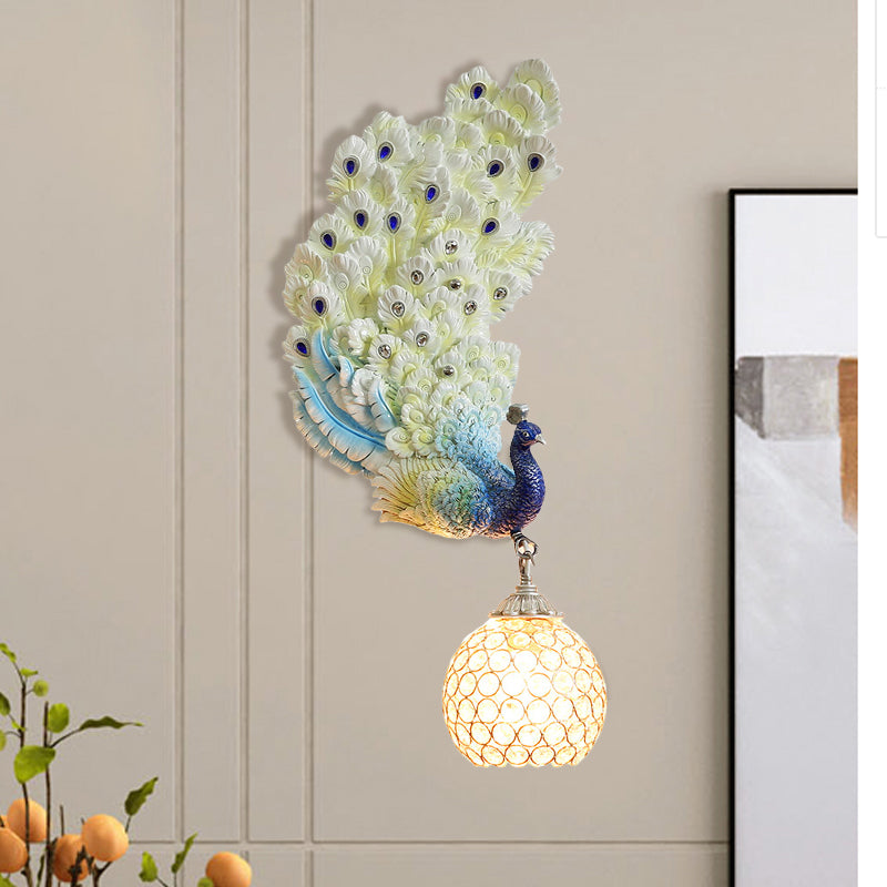 1 Head Wall Lighting Idea Retro Style Left/Right Peacock Resin Wall Sconce Light with Clear K9 Crystal Shade in White/Blue/Green Blue Left Clearhalo 'Wall Lamps & Sconces' 'Wall Lights' Lighting' 1713142