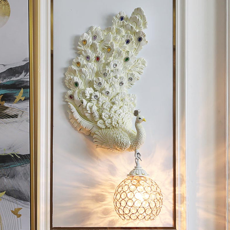 1 Head Wall Lighting Idea Retro Style Left/Right Peacock Resin Wall Sconce Light with Clear K9 Crystal Shade in White/Blue/Green White Left Clearhalo 'Wall Lamps & Sconces' 'Wall Lights' Lighting' 1713146