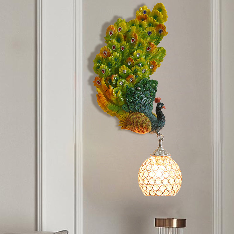 1 Head Wall Lighting Idea Retro Style Left/Right Peacock Resin Wall Sconce Light with Clear K9 Crystal Shade in White/Blue/Green Green Left Clearhalo 'Wall Lamps & Sconces' 'Wall Lights' Lighting' 1713150