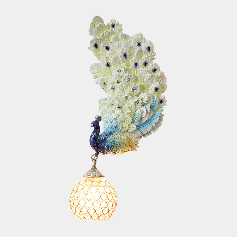 1 Head Wall Lighting Idea Retro Style Left/Right Peacock Resin Wall Sconce Light with Clear K9 Crystal Shade in White/Blue/Green Clearhalo 'Wall Lamps & Sconces' 'Wall Lights' Lighting' 1713161