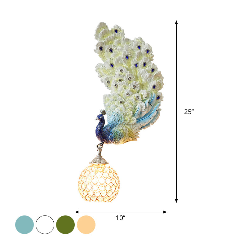 1 Head Wall Lighting Idea Retro Style Left/Right Peacock Resin Wall Sconce Light with Clear K9 Crystal Shade in White/Blue/Green Clearhalo 'Wall Lamps & Sconces' 'Wall Lights' Lighting' 1713162
