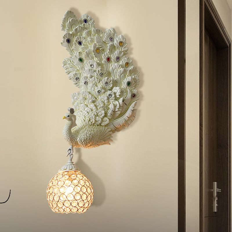 1 Head Wall Lighting Idea Retro Style Left/Right Peacock Resin Wall Sconce Light with Clear K9 Crystal Shade in White/Blue/Green White Right Clearhalo 'Wall Lamps & Sconces' 'Wall Lights' Lighting' 1713163