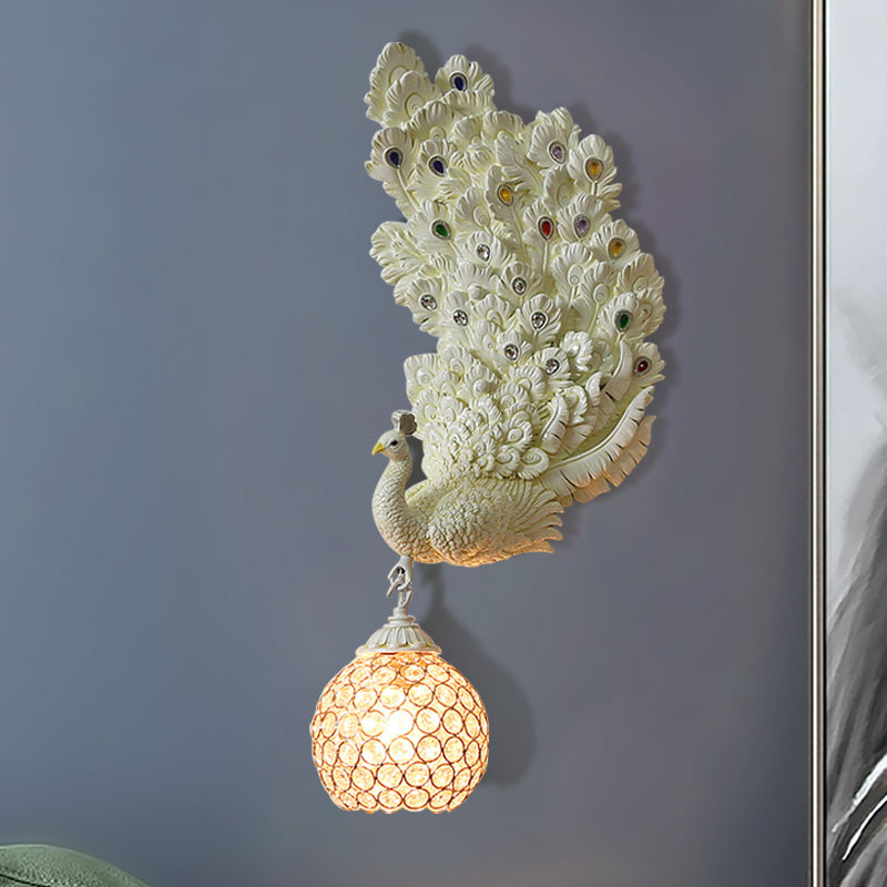 1 Head Wall Lighting Idea Retro Style Left/Right Peacock Resin Wall Sconce Light with Clear K9 Crystal Shade in White/Blue/Green Clearhalo 'Wall Lamps & Sconces' 'Wall Lights' Lighting' 1713165