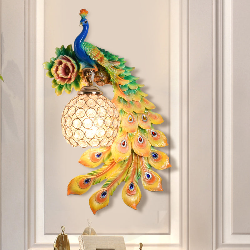 Resin Flower and Peacock Wall Lamp Warehouse 1-Head Dining Room Wall Mounted Fixture with Clear K9 Crystal Shade in White/Yellow/Orange, Left/Right Yellow Right Clearhalo 'Wall Lamps & Sconces' 'Wall Lights' Lighting' 1713175