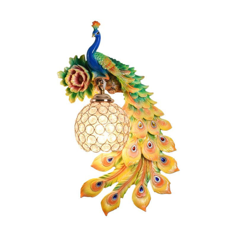 Resin Flower and Peacock Wall Lamp Warehouse 1-Head Dining Room Wall Mounted Fixture with Clear K9 Crystal Shade in White/Yellow/Orange, Left/Right Clearhalo 'Wall Lamps & Sconces' 'Wall Lights' Lighting' 1713177