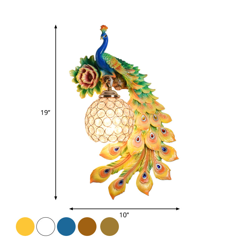 Resin Flower and Peacock Wall Lamp Warehouse 1-Head Dining Room Wall Mounted Fixture with Clear K9 Crystal Shade in White/Yellow/Orange, Left/Right Clearhalo 'Wall Lamps & Sconces' 'Wall Lights' Lighting' 1713178