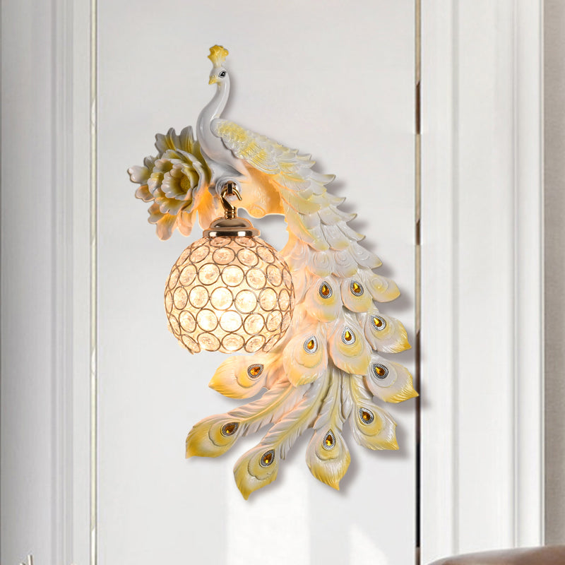 Resin Flower and Peacock Wall Lamp Warehouse 1-Head Dining Room Wall Mounted Fixture with Clear K9 Crystal Shade in White/Yellow/Orange, Left/Right White Right Clearhalo 'Wall Lamps & Sconces' 'Wall Lights' Lighting' 1713179