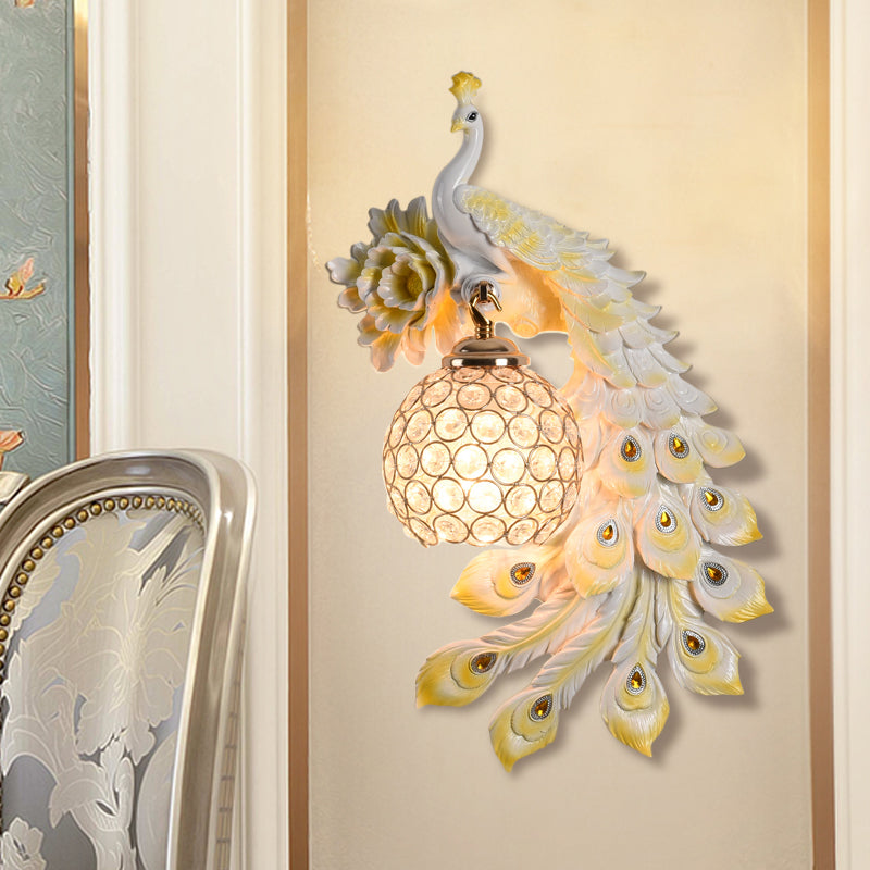 Resin Flower and Peacock Wall Lamp Warehouse 1-Head Dining Room Wall Mounted Fixture with Clear K9 Crystal Shade in White/Yellow/Orange, Left/Right Clearhalo 'Wall Lamps & Sconces' 'Wall Lights' Lighting' 1713181