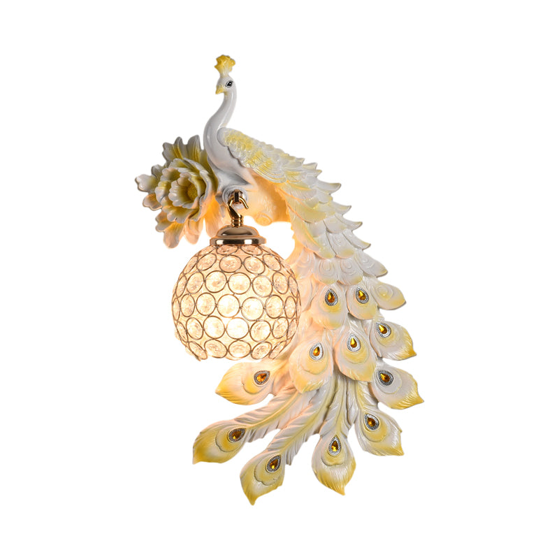 Resin Flower and Peacock Wall Lamp Warehouse 1-Head Dining Room Wall Mounted Fixture with Clear K9 Crystal Shade in White/Yellow/Orange, Left/Right Clearhalo 'Wall Lamps & Sconces' 'Wall Lights' Lighting' 1713182