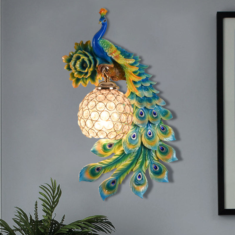 Resin Flower and Peacock Wall Lamp Warehouse 1-Head Dining Room Wall Mounted Fixture with Clear K9 Crystal Shade in White/Yellow/Orange, Left/Right Blue Right Clearhalo 'Wall Lamps & Sconces' 'Wall Lights' Lighting' 1713183