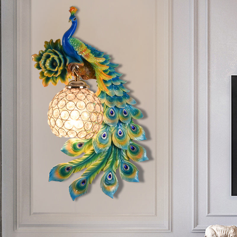 Resin Flower and Peacock Wall Lamp Warehouse 1-Head Dining Room Wall Mounted Fixture with Clear K9 Crystal Shade in White/Yellow/Orange, Left/Right Clearhalo 'Wall Lamps & Sconces' 'Wall Lights' Lighting' 1713184