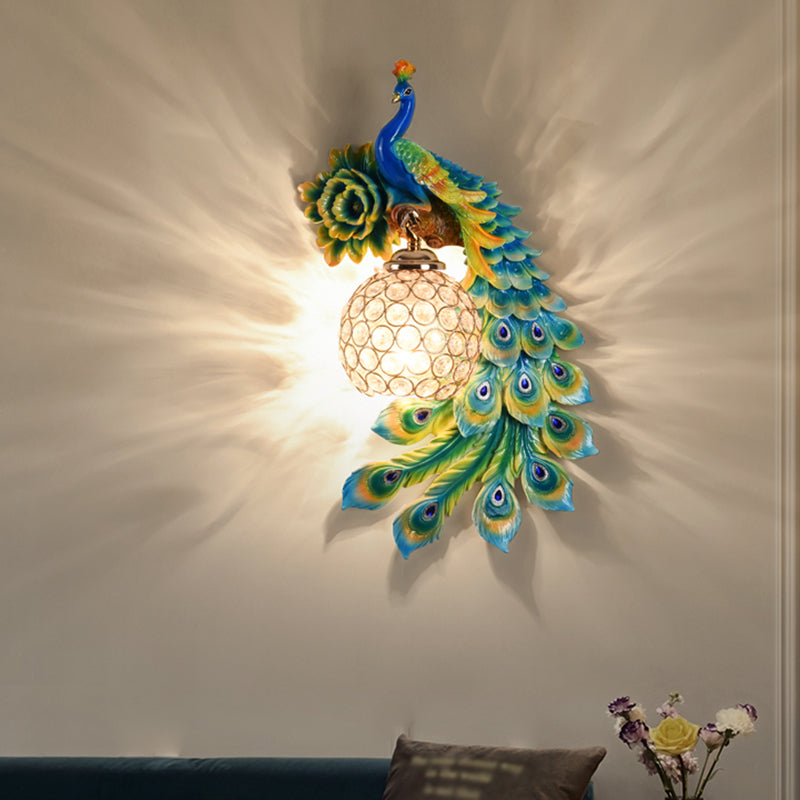 Resin Flower and Peacock Wall Lamp Warehouse 1-Head Dining Room Wall Mounted Fixture with Clear K9 Crystal Shade in White/Yellow/Orange, Left/Right Clearhalo 'Wall Lamps & Sconces' 'Wall Lights' Lighting' 1713185