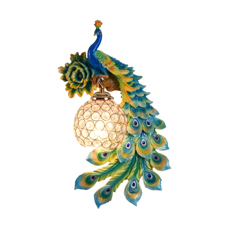 Resin Flower and Peacock Wall Lamp Warehouse 1-Head Dining Room Wall Mounted Fixture with Clear K9 Crystal Shade in White/Yellow/Orange, Left/Right Clearhalo 'Wall Lamps & Sconces' 'Wall Lights' Lighting' 1713186