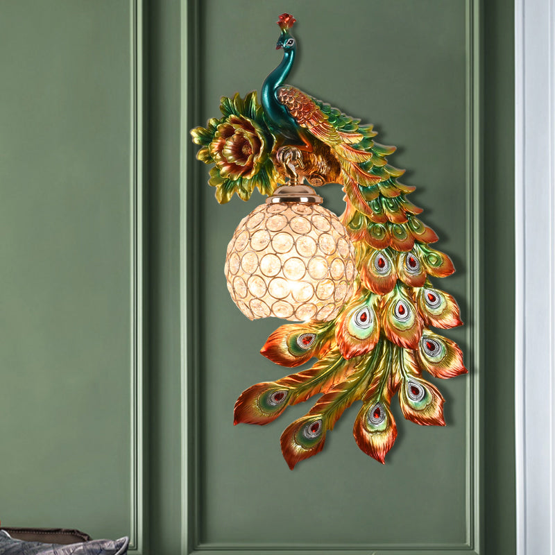 Resin Flower and Peacock Wall Lamp Warehouse 1-Head Dining Room Wall Mounted Fixture with Clear K9 Crystal Shade in White/Yellow/Orange, Left/Right Orange Right Clearhalo 'Wall Lamps & Sconces' 'Wall Lights' Lighting' 1713187