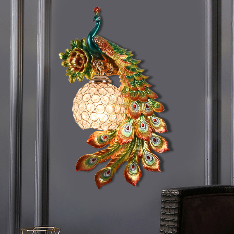 Resin Flower and Peacock Wall Lamp Warehouse 1-Head Dining Room Wall Mounted Fixture with Clear K9 Crystal Shade in White/Yellow/Orange, Left/Right Clearhalo 'Wall Lamps & Sconces' 'Wall Lights' Lighting' 1713188