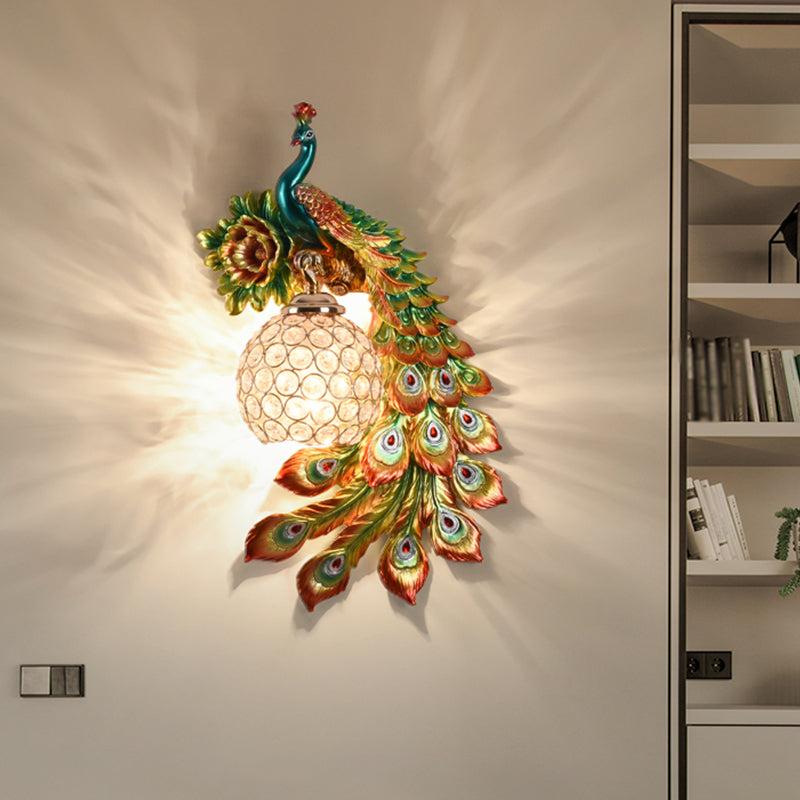 Resin Flower and Peacock Wall Lamp Warehouse 1-Head Dining Room Wall Mounted Fixture with Clear K9 Crystal Shade in White/Yellow/Orange, Left/Right Clearhalo 'Wall Lamps & Sconces' 'Wall Lights' Lighting' 1713189