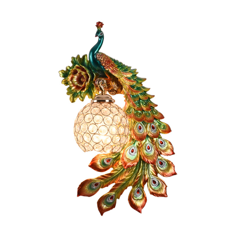 Resin Flower and Peacock Wall Lamp Warehouse 1-Head Dining Room Wall Mounted Fixture with Clear K9 Crystal Shade in White/Yellow/Orange, Left/Right Clearhalo 'Wall Lamps & Sconces' 'Wall Lights' Lighting' 1713190