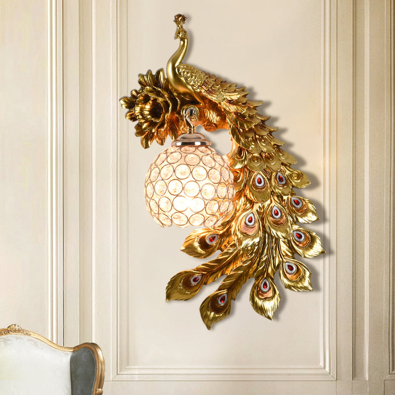 Resin Flower and Peacock Wall Lamp Warehouse 1-Head Dining Room Wall Mounted Fixture with Clear K9 Crystal Shade in White/Yellow/Orange, Left/Right Gold Right Clearhalo 'Wall Lamps & Sconces' 'Wall Lights' Lighting' 1713191