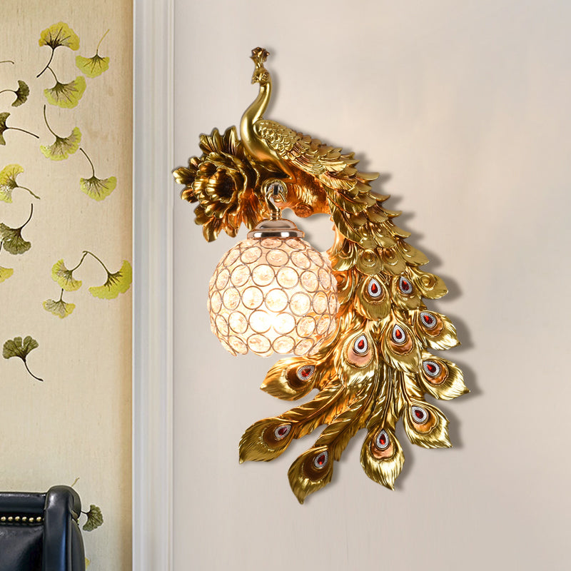 Resin Flower and Peacock Wall Lamp Warehouse 1-Head Dining Room Wall Mounted Fixture with Clear K9 Crystal Shade in White/Yellow/Orange, Left/Right Clearhalo 'Wall Lamps & Sconces' 'Wall Lights' Lighting' 1713192