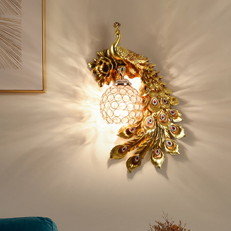 Resin Flower and Peacock Wall Lamp Warehouse 1-Head Dining Room Wall Mounted Fixture with Clear K9 Crystal Shade in White/Yellow/Orange, Left/Right Clearhalo 'Wall Lamps & Sconces' 'Wall Lights' Lighting' 1713193