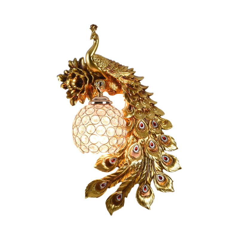 Resin Flower and Peacock Wall Lamp Warehouse 1-Head Dining Room Wall Mounted Fixture with Clear K9 Crystal Shade in White/Yellow/Orange, Left/Right Clearhalo 'Wall Lamps & Sconces' 'Wall Lights' Lighting' 1713194