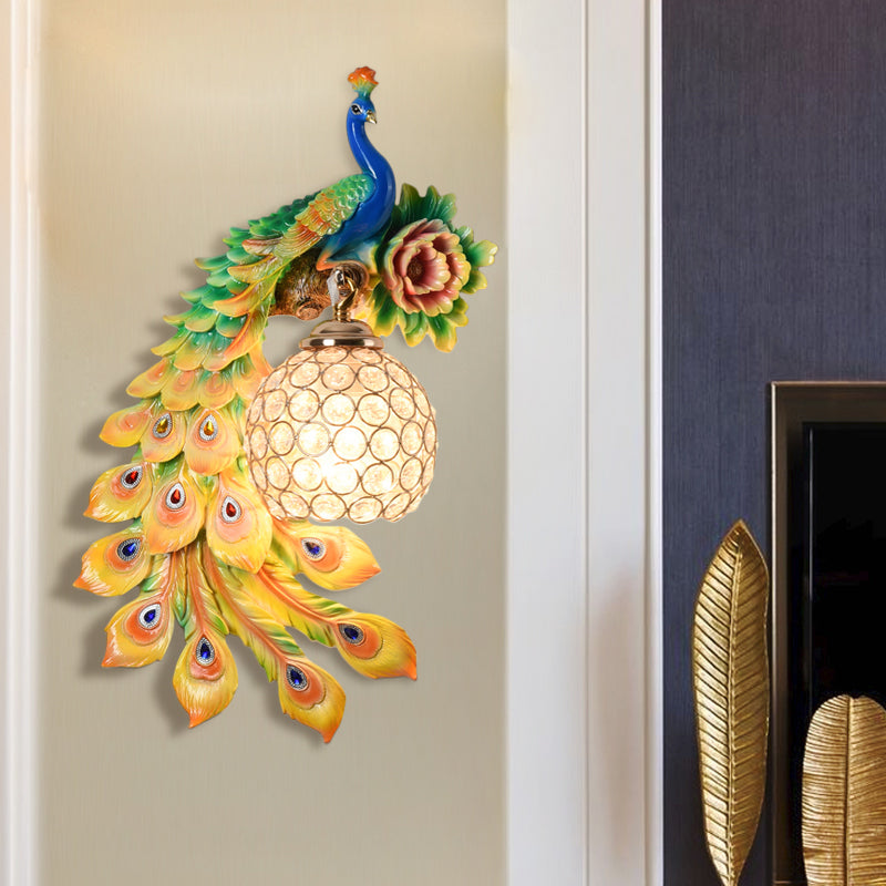 Resin Flower and Peacock Wall Lamp Warehouse 1-Head Dining Room Wall Mounted Fixture with Clear K9 Crystal Shade in White/Yellow/Orange, Left/Right Yellow Left Clearhalo 'Wall Lamps & Sconces' 'Wall Lights' Lighting' 1713195