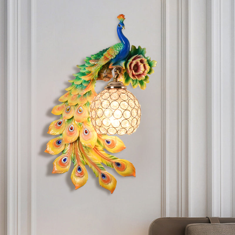 Resin Flower and Peacock Wall Lamp Warehouse 1-Head Dining Room Wall Mounted Fixture with Clear K9 Crystal Shade in White/Yellow/Orange, Left/Right Clearhalo 'Wall Lamps & Sconces' 'Wall Lights' Lighting' 1713196