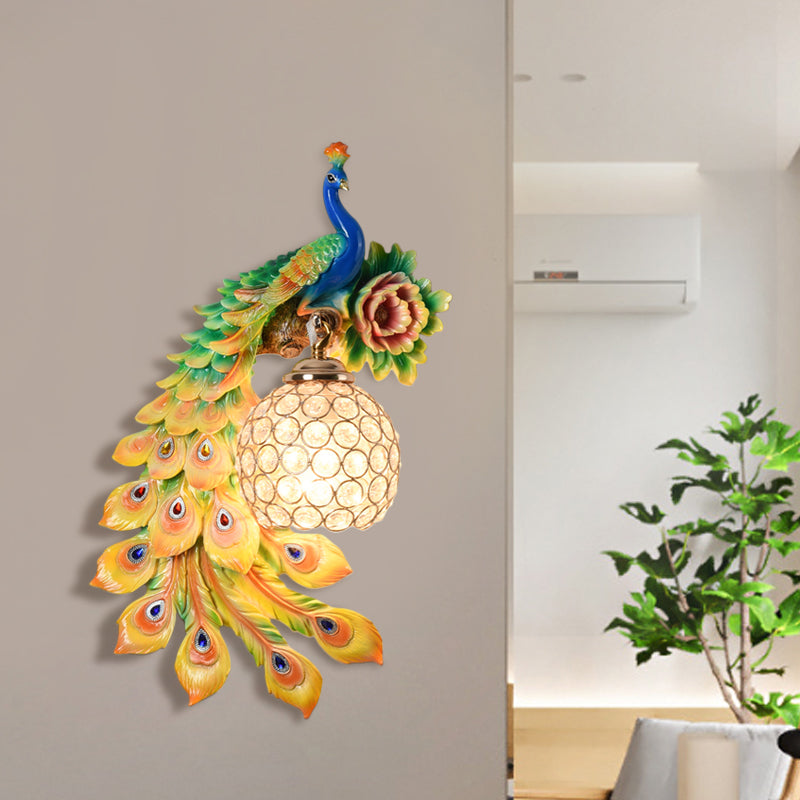 Resin Flower and Peacock Wall Lamp Warehouse 1-Head Dining Room Wall Mounted Fixture with Clear K9 Crystal Shade in White/Yellow/Orange, Left/Right Clearhalo 'Wall Lamps & Sconces' 'Wall Lights' Lighting' 1713197