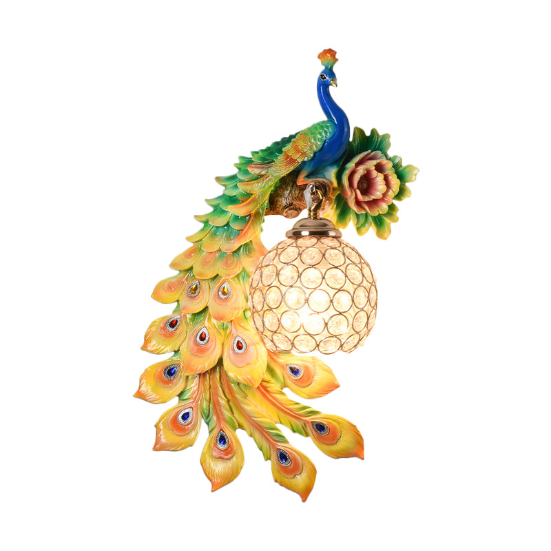 Resin Flower and Peacock Wall Lamp Warehouse 1-Head Dining Room Wall Mounted Fixture with Clear K9 Crystal Shade in White/Yellow/Orange, Left/Right Clearhalo 'Wall Lamps & Sconces' 'Wall Lights' Lighting' 1713198